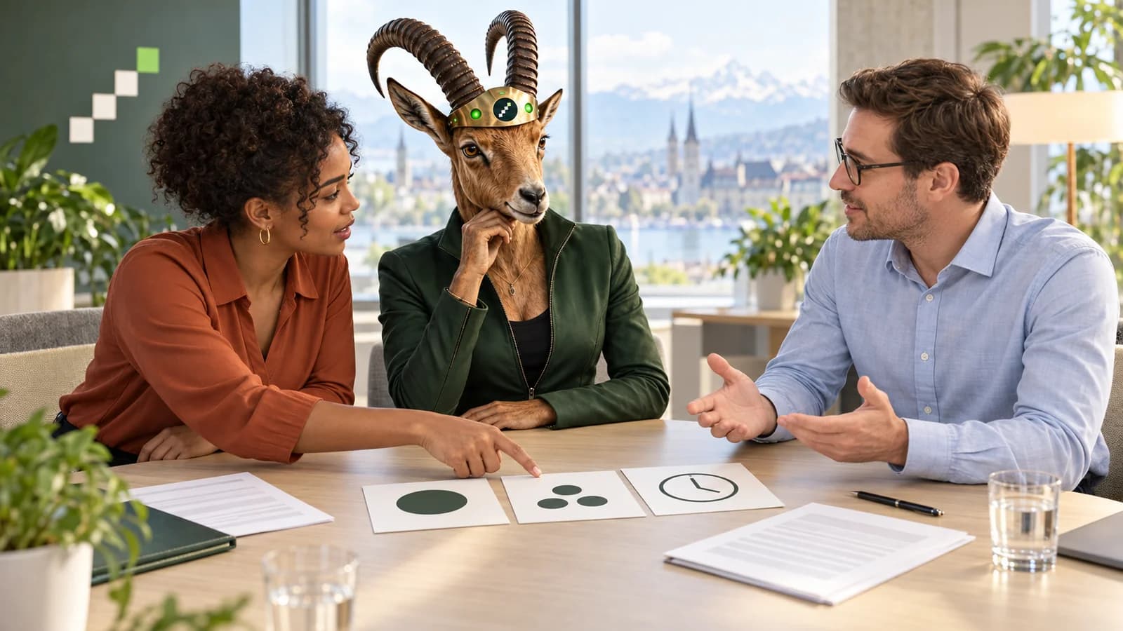 Eine Frau und ein Mann besprechen mit der PARAT-Coachfigur Karten mit Kreisen und einem Uhrsymbol.