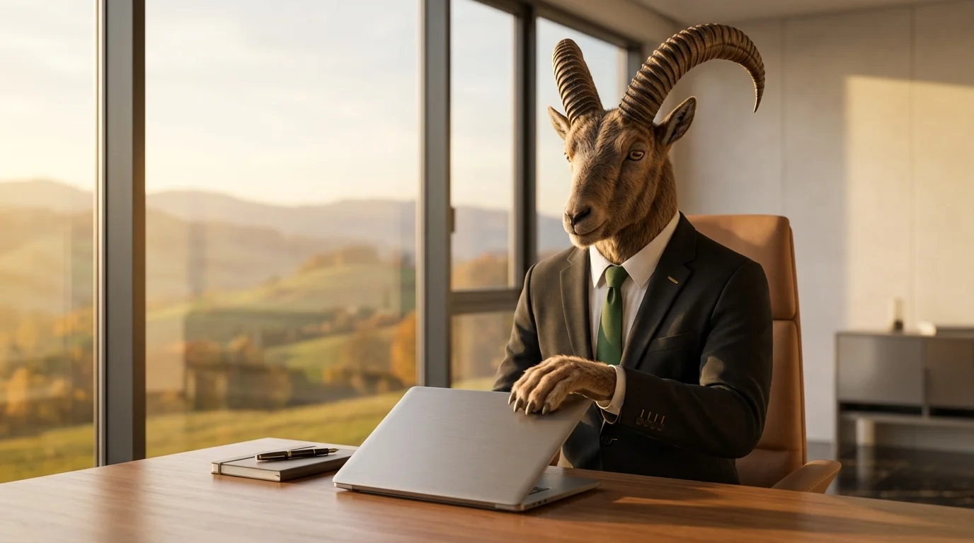 PARAT ibex in a suit calmly closing a laptop on a late Friday afternoon by a window overlooking Swiss hills.