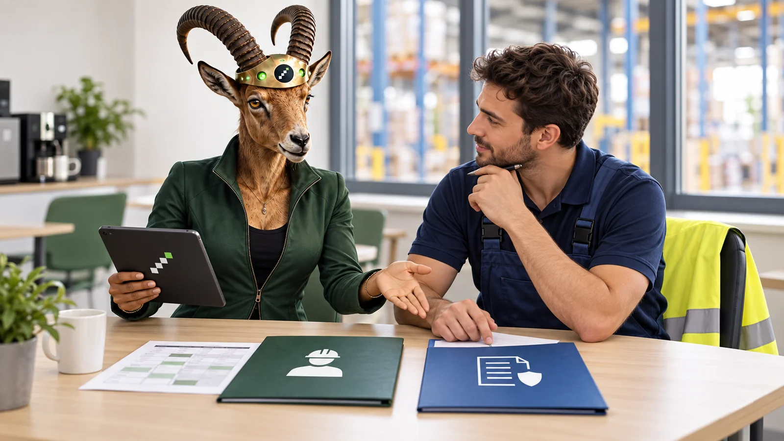 PARAT-Coachfigur und ein Mann in Arbeitskleidung besprechen zwei Mappen und einen Plan an einem Tisch.