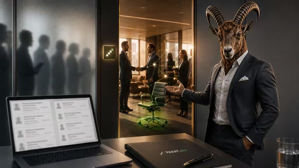 PARAT Steinbock im modernen Anzug vor einer Milchglastür, der neue Karrierewege im verdeckten Arbeitsmarkt aufzeigt.